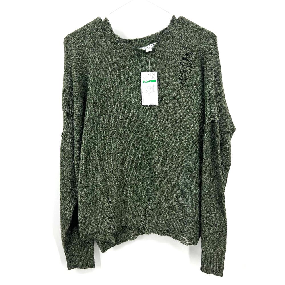 Frayed Jeans Mossy Green Long Sleeve Distressed Pullover Sweater Size L Large